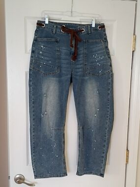 Distressed Blue Denim Barrel Jeans with Brown Drawstring, M